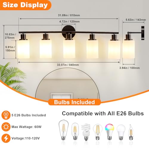 Image of DLLT 5-Light Bathroom Light Fixtures: Black Modern Vanity Lights with E26 Bulbs - Milky White Glass Shade Bathroom Wall Lamp for Mirror Kitchen Living Room Hallway Cabinet Porch