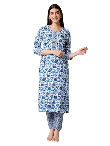 Image of Eight Colors Cotton Kurta Set with Pant for Women | Women Kurta Sets Kurtis | Women Kurta Pant Set | Women Kurta Pant Set Women Kurti Set with Pant (Neel)