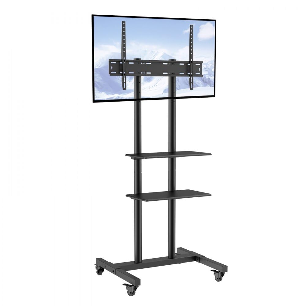 Height Adjustable Mobile TV Stand with Wheels and Double Tray for 32-70 inch TVs - Rolling TV Cart for Bedroom and Living Room - Convenient and Versatile TV Stand