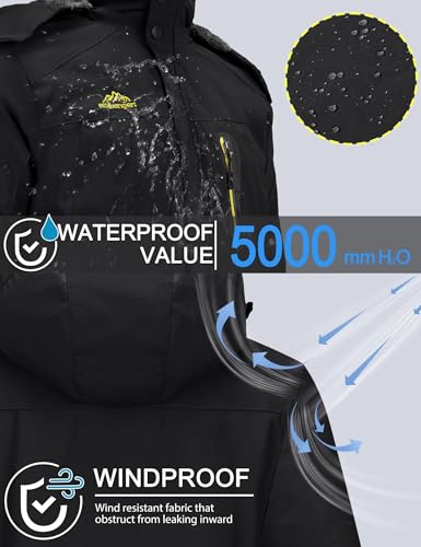 TACVASEN Herren Wasserdicht Winter Skijacke Warme Snowboardjacke Outdoorjacke Gefüttert Winterjacke (XXL, Schwarz)