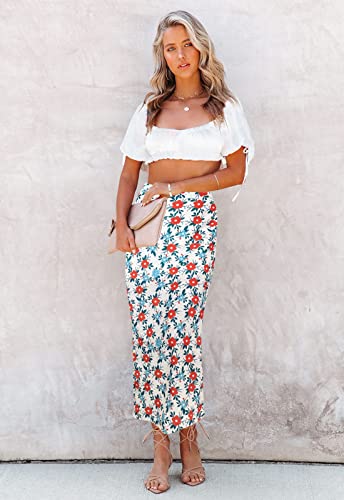Image of HERBATOMIA Women's Floral Print Midi Skirt Casual High Elastic Waist Zipper Vintage Long Boho Skirts for Women