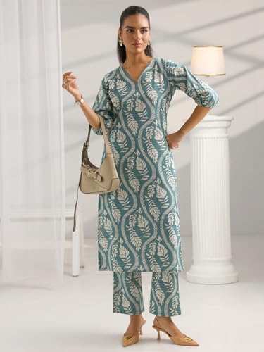 Image of Libas Womens Printed Cotton Straight Kurta With Trousers | daily wear suit