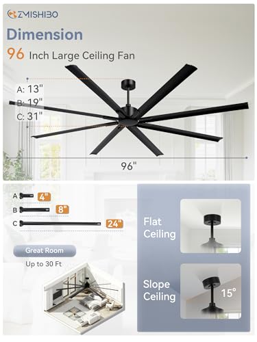 ZMISHIBO 96 Inch Industrial DC Motor Ceiling Fan, Large Ceiling Fan with 8 Reversible Blades, 3 Downrods, 6-Speed Remote Control, Home or Commercial Ceiling Fans for Porch/Garage/Shop, Black