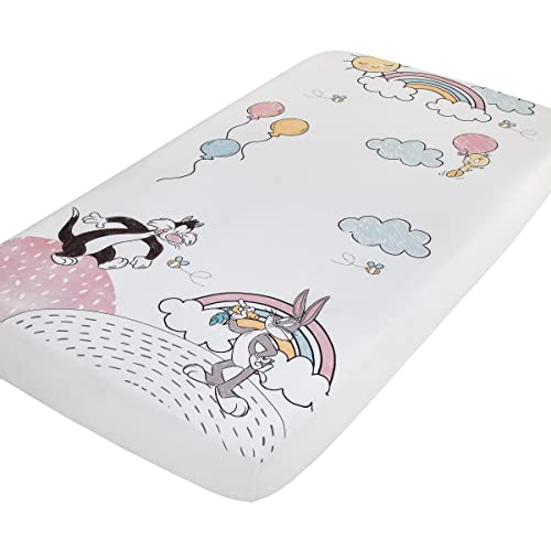 Image of Warner Brothers Looney Tunes Best Buds White, Pastel Blue, Pink, and Yellow Bugs Bunny, Tweety, and Sylvester The Cat Photo-Op Fitted Crib Sheet