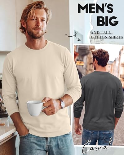 Image of August Alley 4 Pack Men's Big and Tall Cotton Shirts L-7xl, Long Sleeve Oversized Tops Loose Casual Large T-Shirts Basic Tee
