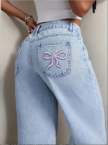 Image of Nifty Women's Denim Stretchable High Waist Light Wash Baggy Jeans || Back Pocket Bow tie Detail