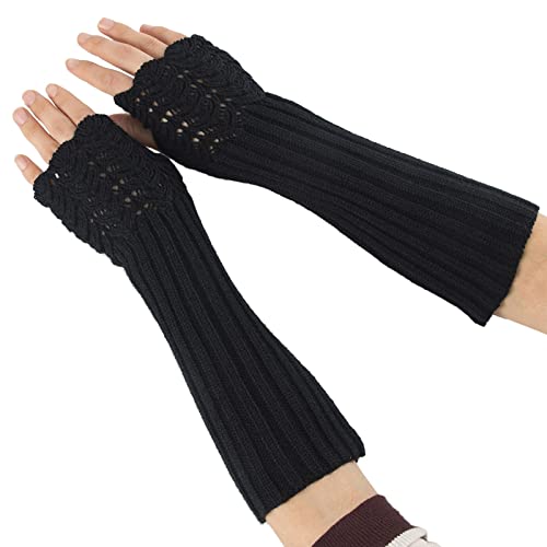 Mashaouyo Mitaines en tricot torsadé pour femme - Super longues - Avec trou pour le pouce - Mitaines en tricot sans doigts - Mitaines de ski - Pour homme (noir, taille unique)