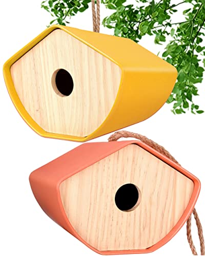 Vogelhäuser aus Holz für außen 2 Stück, Bambusholz Vogelhäuser für den Außenbereich mit hängendem Seil und abnehmbarer Frontplatte, Pfosten oder Wandhalterung, 16,3 x 14,5 x 11,9 cm (orange & gelb) Cover