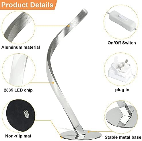 Depuley LED Spiral Bedside Table Lamp, Silver Nickel Modern Minimalist Design Nightstand Reading Lamp, 6W 3000K Warm White Eye-Caring Desk Lamp for Bedroom, Living Room, Office, Kids