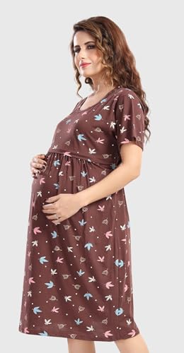 Image of Fabme Women's Above Knee Length Printed Pre and Post Pregnancy Pure Cotton Nursing Nightdress Nighty