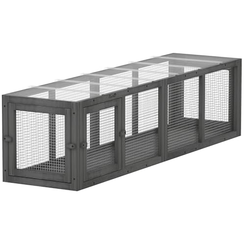 PawHut Katzentunnel Katzenspielzeug aus Holz mit 3 Türen, erweiterbar Katzenhöhle Rascheltunnel Spieltunnel für Katzen bis 10 kg, für drinnen und draußen 151, 5 x 38, 5 cm Grau