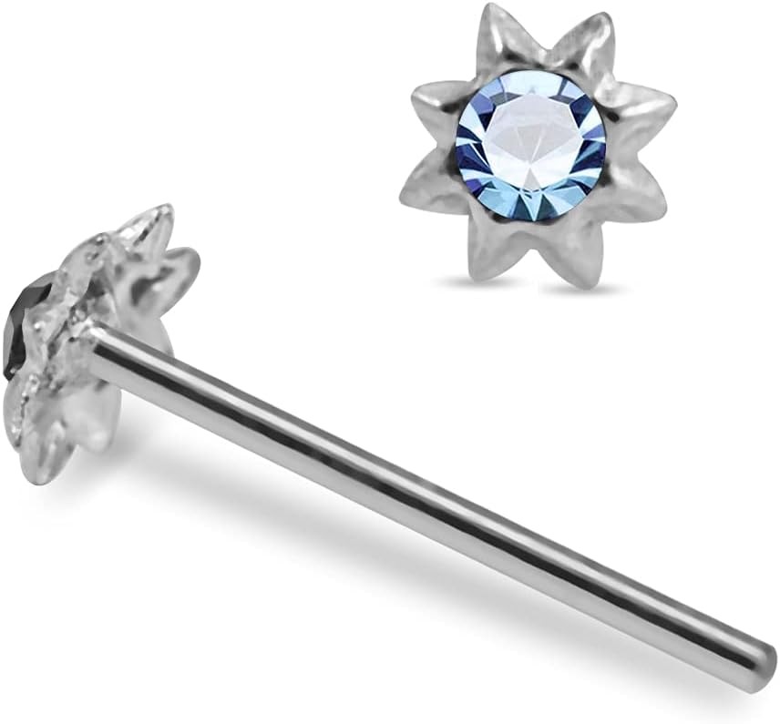 Crystal Stone Mini Sun 22 Gauge 925 Sterling Silver Straight Nose Pin - Nose Stud - Tiny Nose Ring - Nose Piercing Body Jewelry