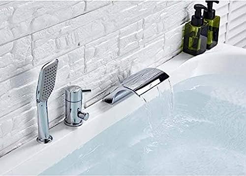 Deck Mount Chrome Waterfall Bathtub Faucet Single Handle Wide Waterfall Spout Tub Mixer Pull Out Handshower Widespread 3 Holes-Chrome Faucet A