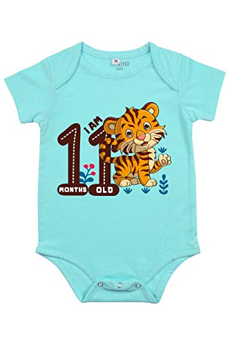 Image of Fflirtygo Baby Wear Cotton Infants Jumpsuit /Rompers Half Sleeves /sleepsuit Eleven Month Celebration Printed On Light Blue Color
