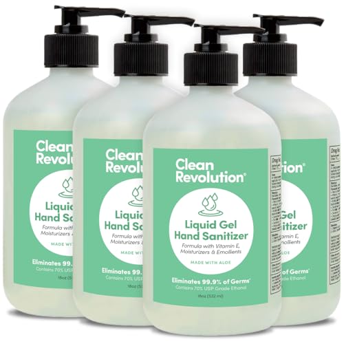 Image of Clean Revolution Gel Hand Sanitizer 18 oz Bottle with Pump 4 pack, Gentle, Aloe Scented, 70% USP Medical Grade Ethanol, Medical Facility Compliant - Made in USA