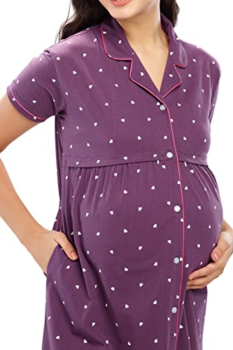 Image of ZEYO Women's Cotton Night Dress Heart Printed Maternity & Feeding Short Nighty Night Gown Shirt 5635