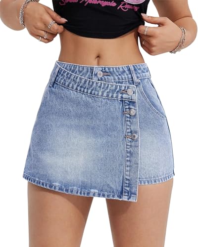 Women's Denim Mini Skirt Non-Stretch Classic Short Jean Skirt Vintage High Waist A-Line Fit.