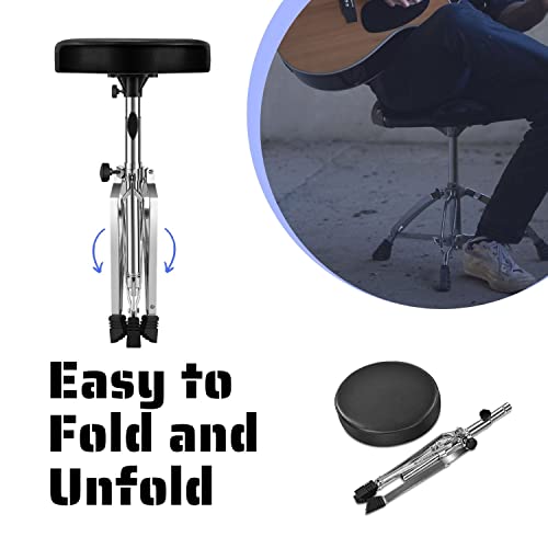 Flexzion Drummer Throne Adjustable Height Padded Drum Seat Music Stool Round Top Drum Chair Sturdy Double Braced Foldable Tripod Base Anti-Slip Rubber Feet For Drum Set Drummer Musician #TOP6