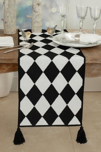 Fennco Styles Black and White Diamond Woven Table Runner - 14 x 71 Inch Checker Runner Table Centerpiece for Dining Home Decor, Indoor Parties, Holiday Events Tassel Table Runner