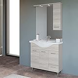 Mobile Bagno a Terra Moderno, lavabo in Ceramica, Include specchiera con pensile e Illuminazione LED (Rovere Grigio, Larghezza 85 cm)