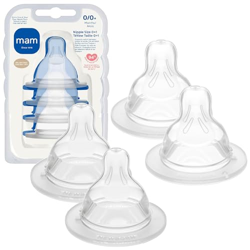 Image of MAM Baby Bottle Nipple Mixed Flow Pack, Extra Slow Size 0 and Slow Flow Size 1 for Newborns 0+ Months, Skin Soft BPA Free Silicone, 94% Nipple Acceptance, Fits All MAM Bottles, 4 Pack, Made in Europe