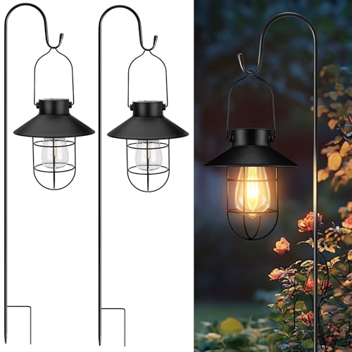 2 Pack Shepherd Hook Outdoor Waterproof Hanging Black Solar Lanterns Porch Lighting Decoration...