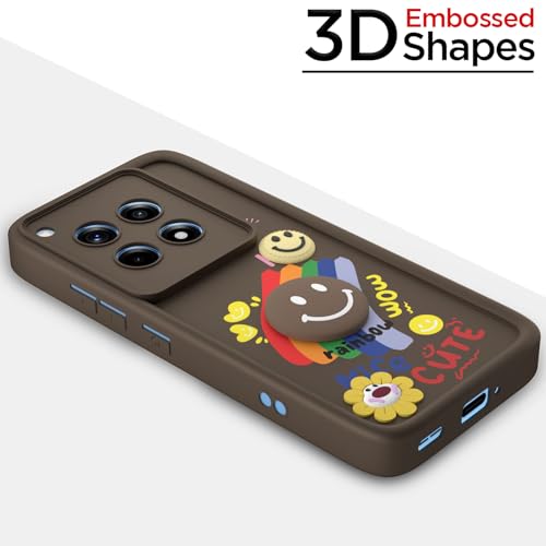Image of Pikkme Back Cover for OnePlus 12R 5G | Soft Silicone| Cute Rainbow Smile & 3D Cartoon Flower Design | Shockproof Raised Camera Protection Bumper Case (Brown)
