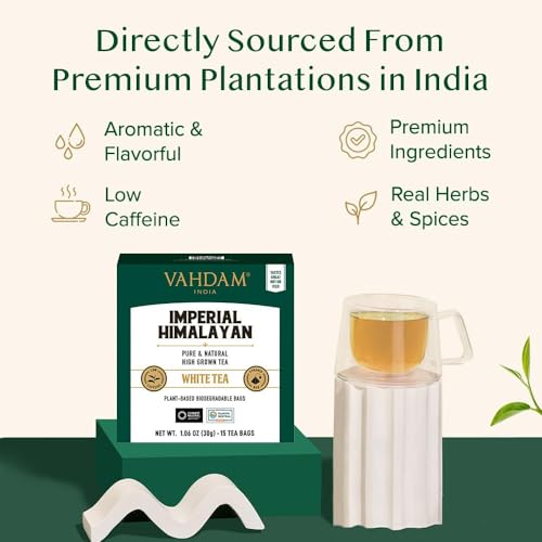Image of VAHDAM, Imperial Himalayan White Tea Bags (15 Count) Low Caffeine, Non GMO, Gluten Free | Handpicked Harvest From High Elevation Estates | Individually Wrapped Pyramid Tea Bags | Direct from Source