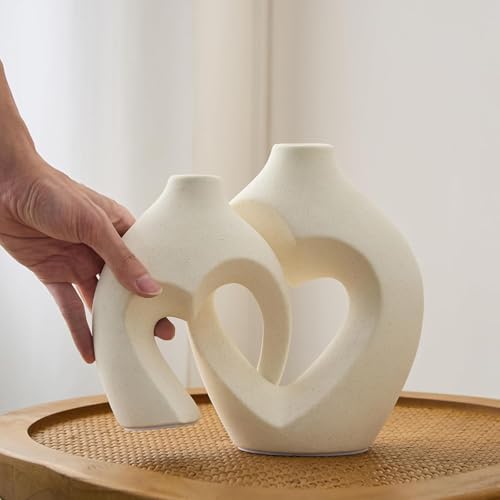 Image of PUREZENTO Unique White Donut Heart Ceramic Vase 8.3 & 6.9 Inch - Set of 2 | Decorative Heart Donut Vase for Dried Flowers & Pampas Grass | Vases for Modern Home Decor, Living Room, Office Decor Ideas