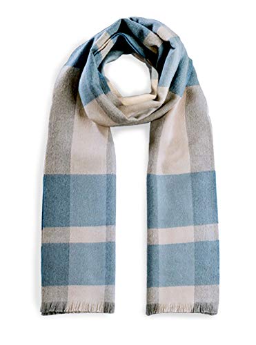 Alpaca Wool Scarf - 100% Pure Baby Alpaca Wool - Unearthed Large Plaid with Eyelash Fringe (Blue Bone)