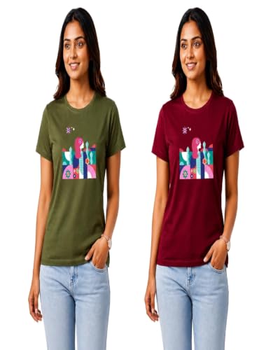 Image of Women's Slim Fit Graphic Printed T-Shirt | Soft 100% Cotton Fabric | Round Neck Half Sleeve Casual Top, Travel & College Pack of 2 Set