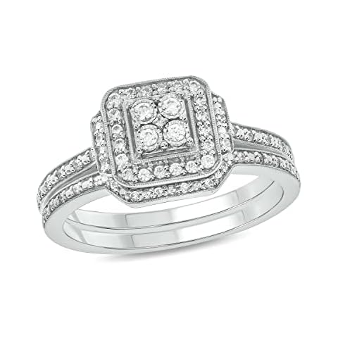 1/4cttw Diamond Square Cluster Halo Engagement Ring with Matching Diamond Wedding Band for Women in 925 Sterling Silver, Women's Silver Wedding Ring Set with Diamond Accented Bands, Metal, Diamond Cover