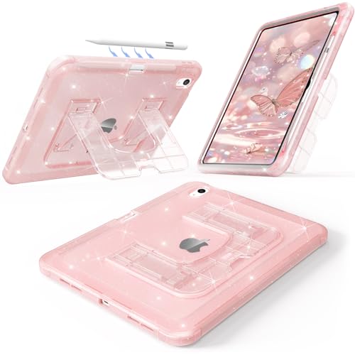 CCMAO Case for iPad (A16) 11th 11" 2025, iPad 10th Generation 2022 with Pencil Holder & Kickstand, Shockproof Protective Slim Thin iPad Case with Glitter Back Cover, Pink Glitter