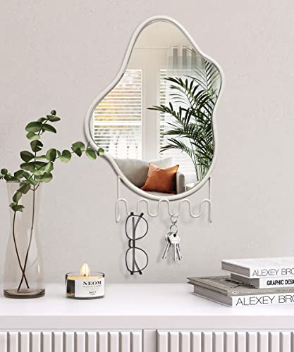 Godimerhea Entryway Wall Mirror With Hooks, Kids White Irregular Mirror For Bathroom, Asymmetrical Home Decor Modern Wall Mounted Hanging Mirrors With Metal Frame #TOP5