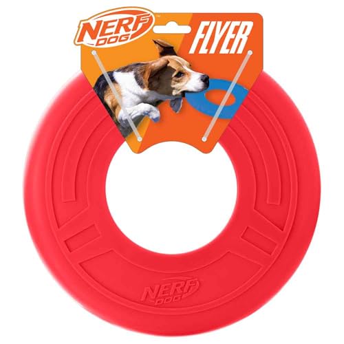 Nerf Dog Atomic Flyer Outdoor Dog Toy, 10 Inch Flying Disc Dog Fetch Toy, Rubber Dog Toy for Medium Dogs and Large Dogs, Red