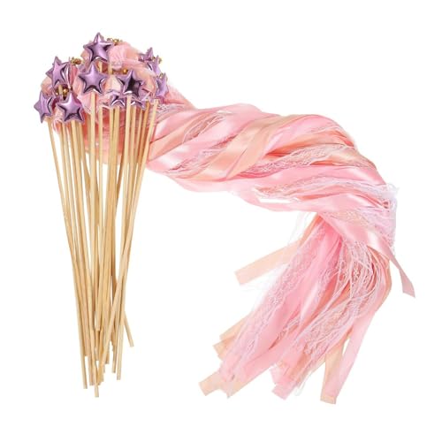 Image of 24 Pack Fairy Wands, Ribbon Lace Fairy Wands with Bells, Decorative Silk Stick with Streamers for Wedding Birthday Party, Pretty Pentagram Ribbon for Girls