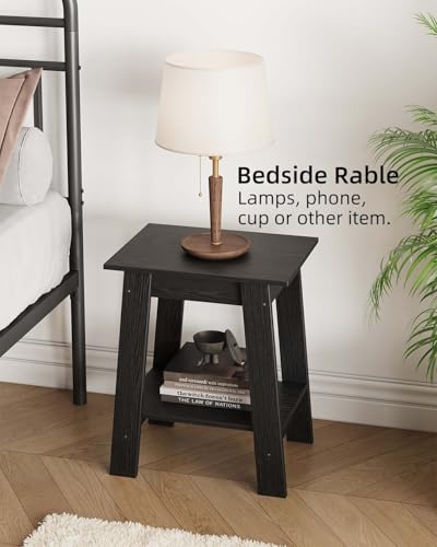 Garvee End Table, Side Table with 2-Tier Storage Shelf, Sofa Table for Small Space, Square Nightstand for Entryway, Farmhouse, Living Room, Easy Assembly, Black