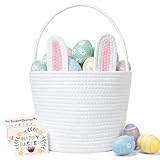 BEIYANA Easter Basket for Kids, Cute Bunny Easter Basket with Removable Ears & Writable Name Tag, Personalized Cotton Rope Woven Empty Easter Basket, First Easter Gift for Toddlers Boys Girls (Pink)