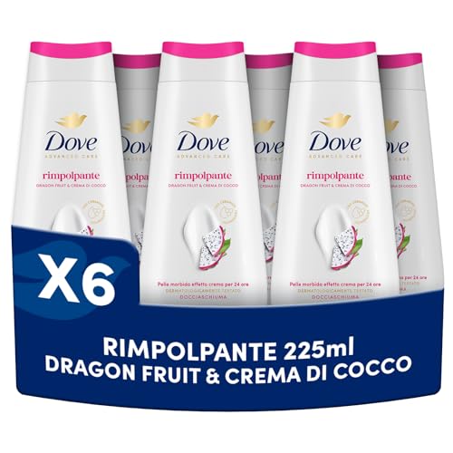 Dove Docciaschiuma Dragon Fruit & Coconut, Bagnodoccia Idratante, Formula Delicata al 94% Biodegradabile, con Agenti Idratanti Vegetali, Senza Solfati SLES, Bagnodoccia Uomo e Donna, 6 Pezzi da 225 ml
