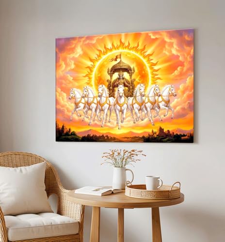 Image of ArtX Canvas Surya Dev With 7 Horses Painting Vastu Frame Wall Art Painting, White Running Horses With Rising Sun, Wall Decor, Multicolor, Nature, 58.0 X 45.0 cm, Set of 1