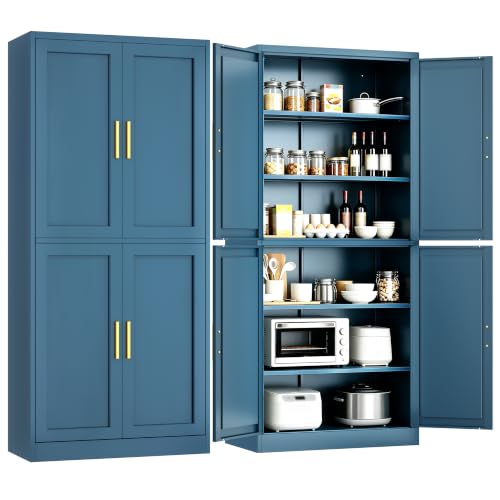 Image of Wanfu 71 inch Tall Pantry Cabinet, Metal Kitchen Pantry Cabinet with 4 Doors and 4 Adjustable Shelves, Kitchen Pantry Storage Cabinets, Metal Storage Cabinet for Kitchen, Dining Room, Living Room-Blue