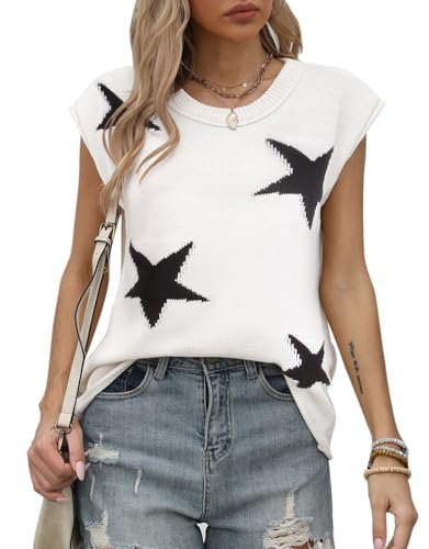 Image of Alsol Lamesa Women's Stars Pattern Cap Sleeve Sweater Vest 2024 Pullover Sleeveless Knit Crew Neck Tops, Large, 911 White