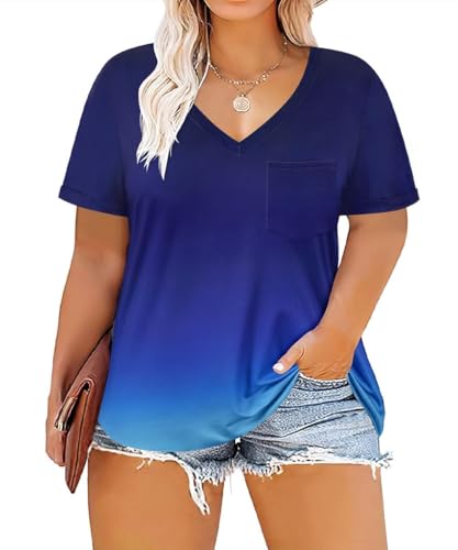 Image of TIYOMI Plus Size Tops for Women V Neck Tshirts Basic Tunic Casual Hawaii Floral Tie Dye Camo Summer Short Sleeve Tee XL-5XL