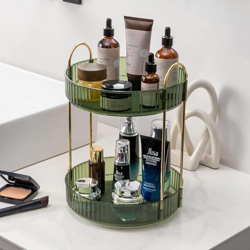 Image of 360 Rotating Makeup Organizer, Bathroom Make Up Spinning Holder Rack, Large Capacity Cosmetics Storage Vanity Shelf Countertop, Fits Cosmetics, Perfume, Skincare, Lipsticks (2 Tier, Green)