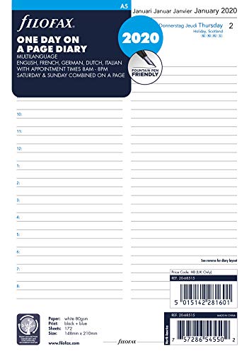 Filofax 2020 A5 Day per Page Refill, 5 Languages, 8.25 x 5.75 inches (C68515-20)