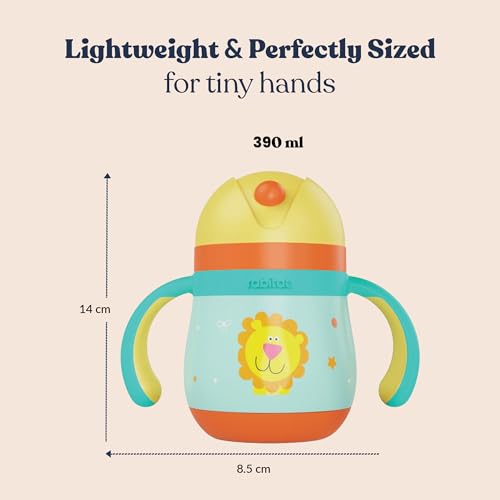 Image of rabitat Gravity EasyFlow Stainless Steel Sippy Cup 390ml | 2 Years Brand Warranty | Leak Proof | BPA Free Soft Silicone Straw | Sippy Cup for Kids with Weighted Straw | Sunny Roar