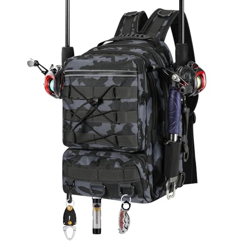MoKo Sac à Dos de pêche avec Support pour Canne à pêche et équipement, Sac de Rangement des Accessoires en Nylon imperméable pour Le Camping, la...