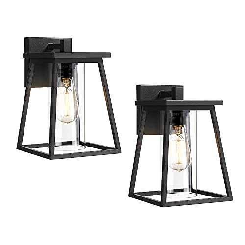 KAUEN Outdoor Light Fixtures Wall Mount, Exterior Porch Light in Textured Black Finish w/ Cylindrical Glass - 2438-1W-2PK