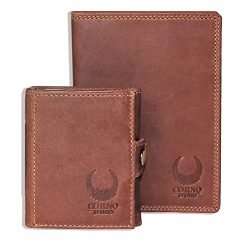 Corno d´Oro Geschenkset für Männer I RFID Leder Slim Wallet mit Münzfach & Reisepasshülle braun für Kreditkarten, Reisepass, Impfpass I Kreditkartenetui für Herren braun Cover