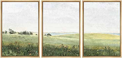 SIGNWIN Framed Canvas Print Wall Art Set Green Pasture Countryside Flower Field Nature Abstract Illustrations Modern Art Decorative Nordic Rustic for Living Room, Bedroom, Office - 24"x36"x3 Natural